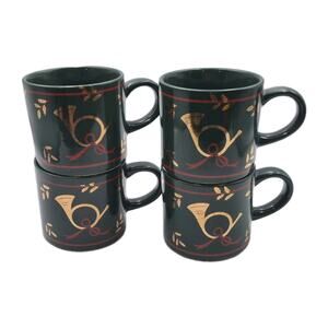 Four Vintage Brookstone Green Yuletide French Horn Mugs 12oz Gold & Red Designs